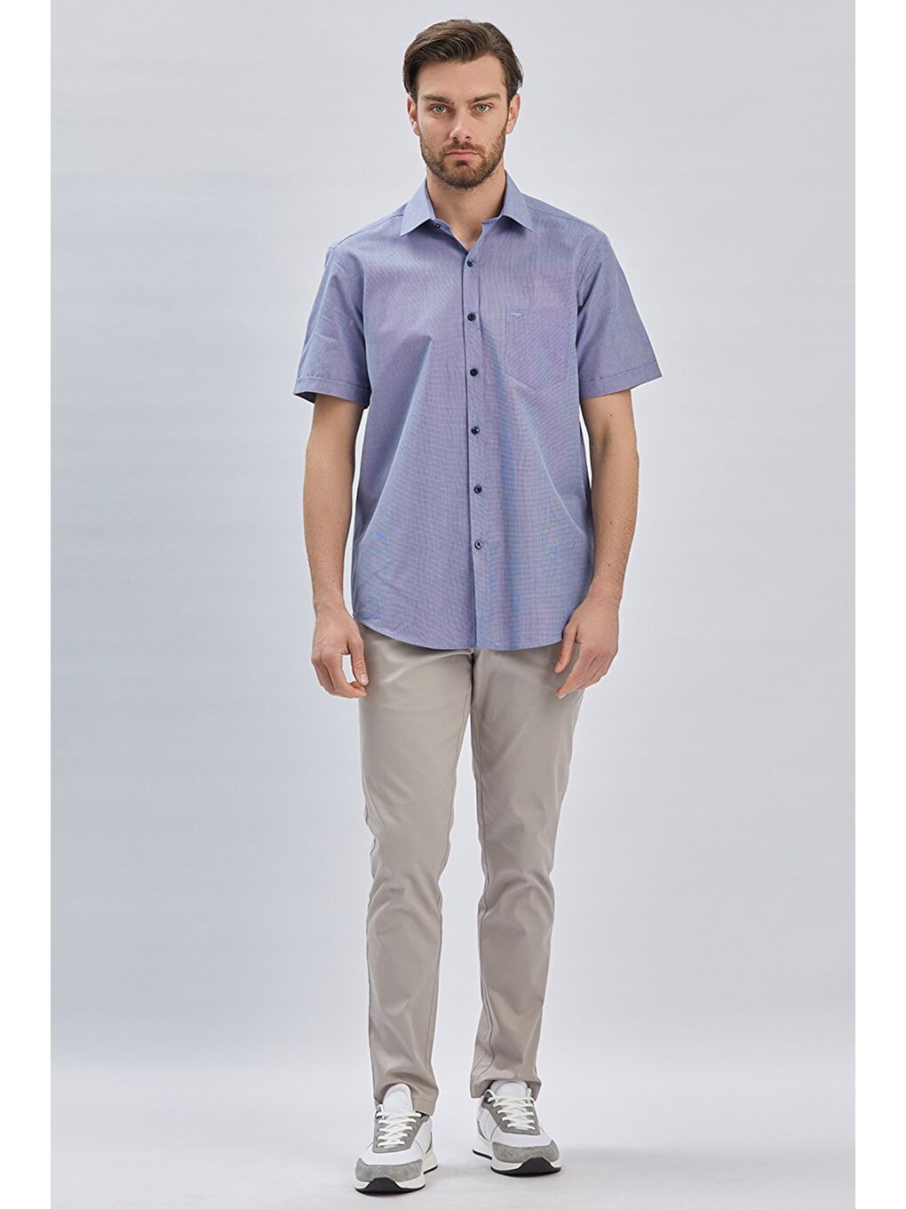 Koyu Lacivert Kısa Kollu Cepli Pamuklu Klasik Comfort Fit Rahat Kesim Gömlek 1004240231