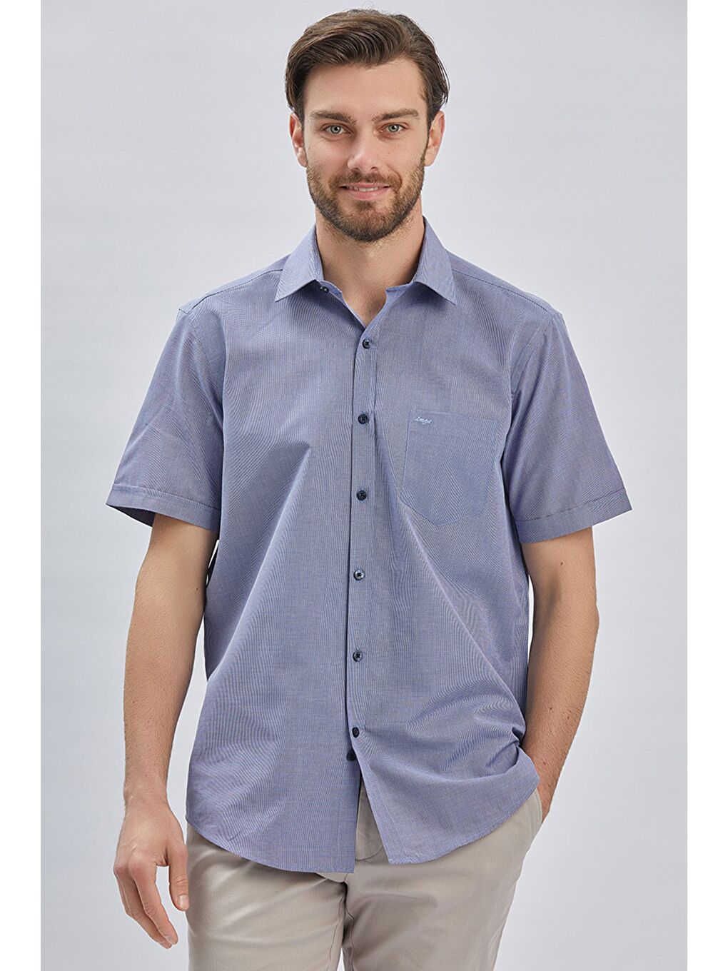 Koyu Lacivert Kısa Kollu Cepli Pamuklu Klasik Comfort Fit Rahat Kesim Gömlek 1004240231-1