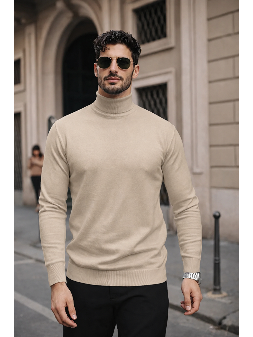 Ekru Erkek Kışlık Basic Slim Fit Uzun Krem Kazak