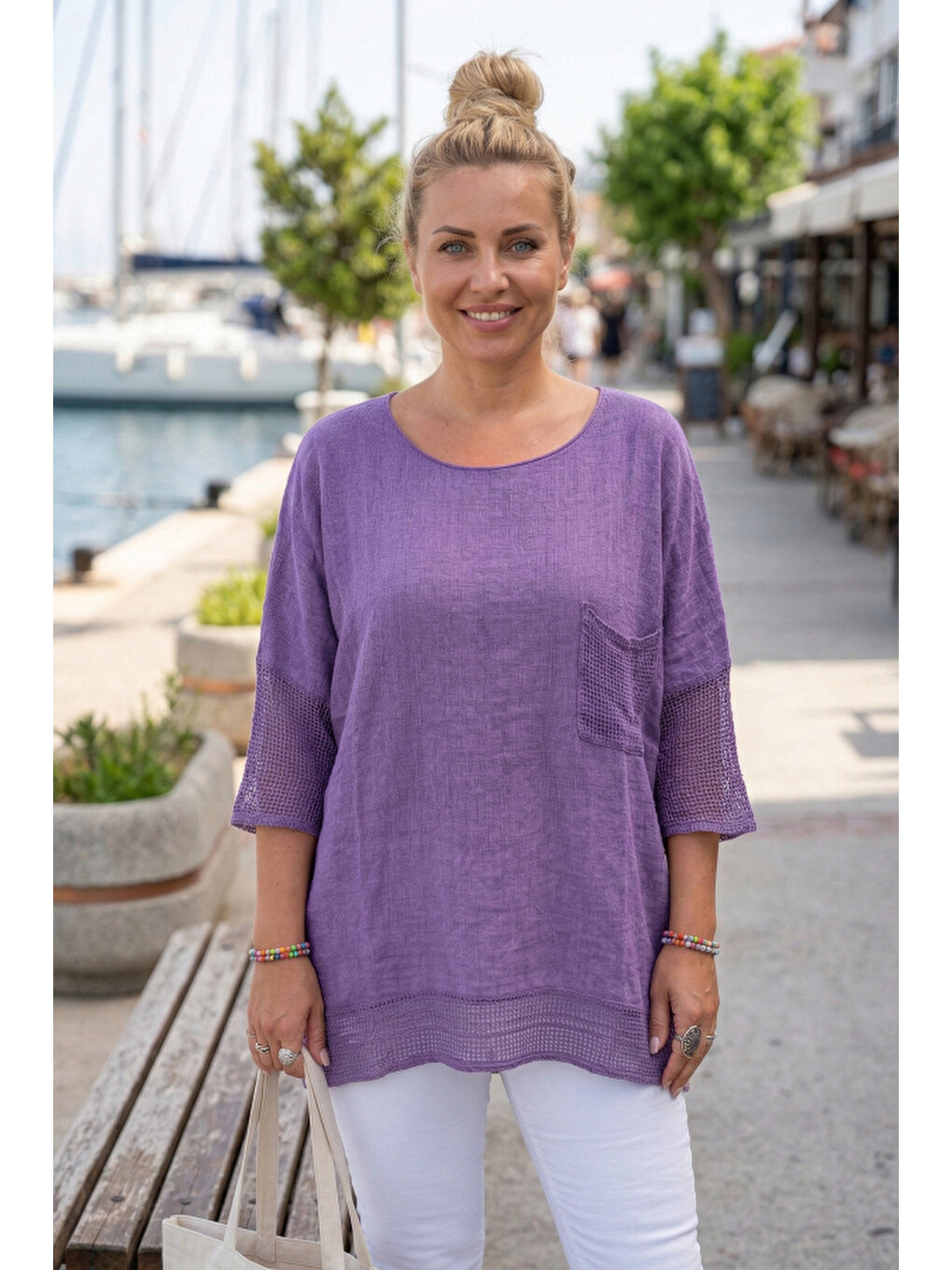 Mor Bisiklet Yaka 3/4 Kol, Kol Ve Etek Ucu File Detaylı Casual Müslin Oversize Dokuma Bluz 60 65-2