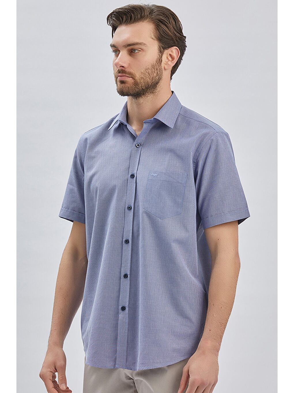 Koyu Lacivert Kısa Kollu Cepli Pamuklu Klasik Comfort Fit Rahat Kesim Gömlek 1004240231-2