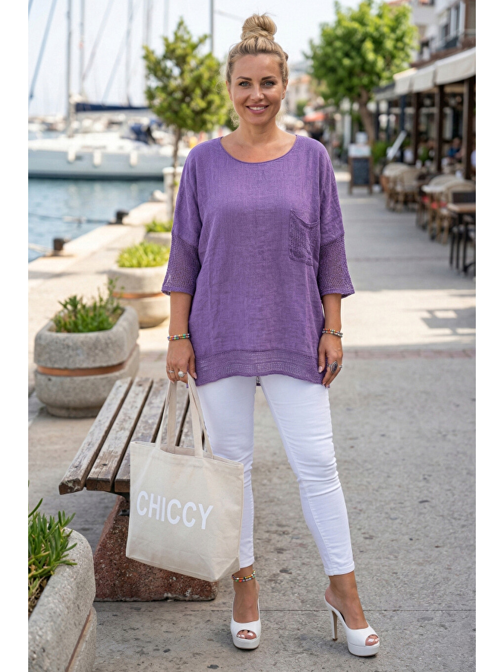 Mor Bisiklet Yaka 3/4 Kol, Kol Ve Etek Ucu File Detaylı Casual Müslin Oversize Dokuma Bluz 60 65-3