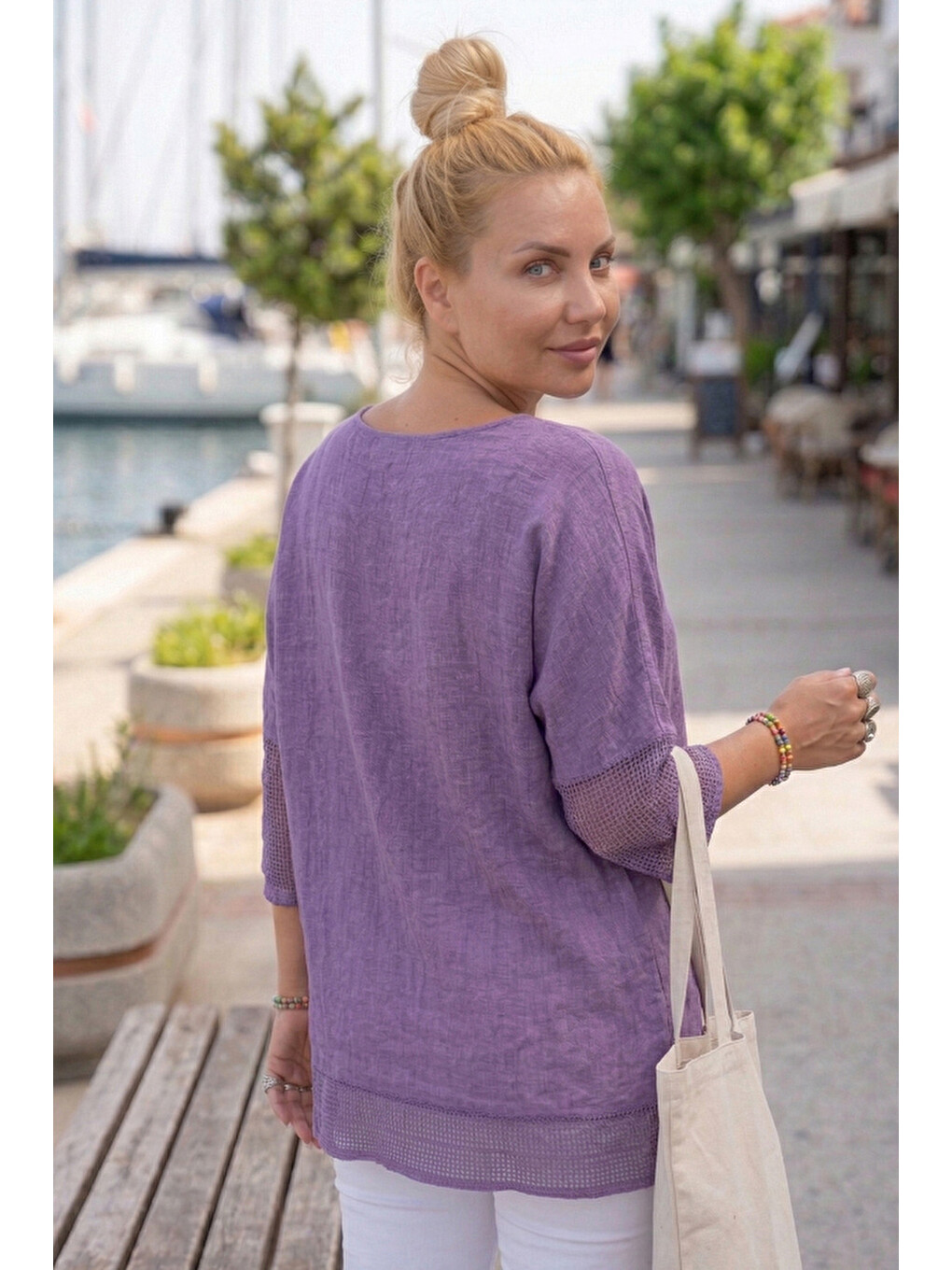 Mor Bisiklet Yaka 3/4 Kol, Kol Ve Etek Ucu File Detaylı Casual Müslin Oversize Dokuma Bluz 60 65-4