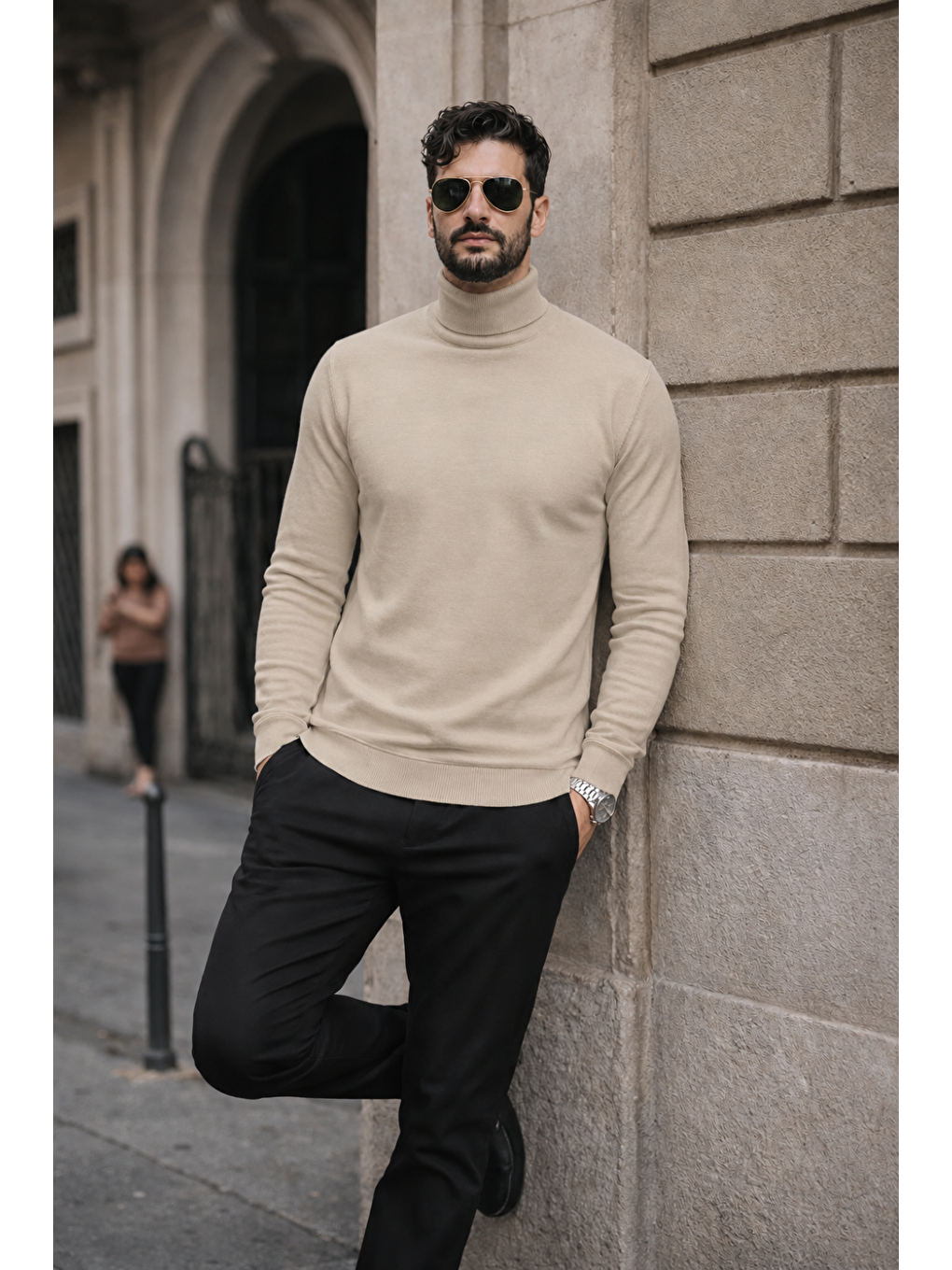 Ekru Erkek Kışlık Basic Slim Fit Uzun Krem Kazak-1