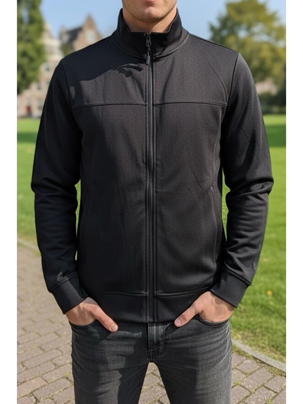 Siyah Loxy Antreman Scuba Kumaş Dik Yaka Fermuarlı Ceket-1