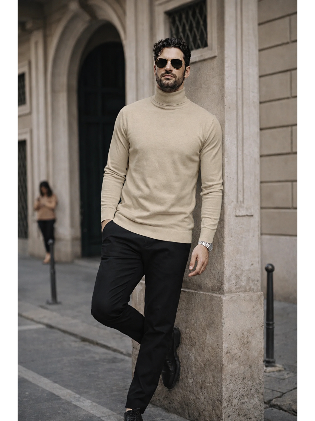 Ekru Erkek Kışlık Basic Slim Fit Uzun Krem Kazak-3