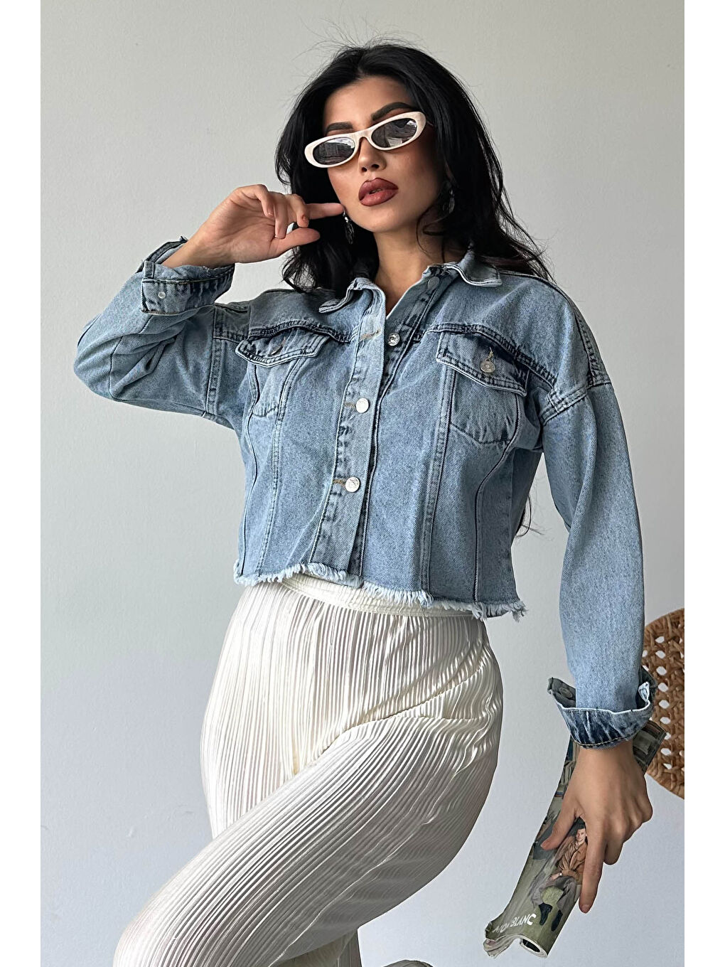 Çift Cepli Demin Crop Ceket Buz Mavi - 27299