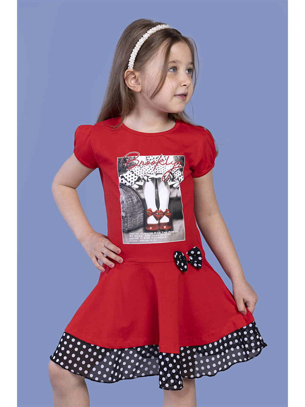 Kırmızı Kız Çocuk Puantiyeli Tül Detaylı Dijital Baskılı Elbise