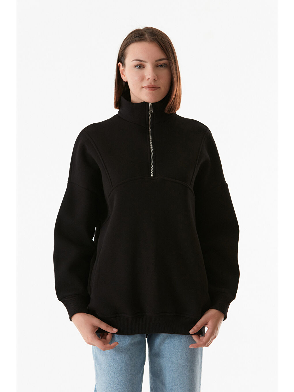 Fullamoda Siyah Basic Yarım Fermuarlı Cepli Sweatshirt