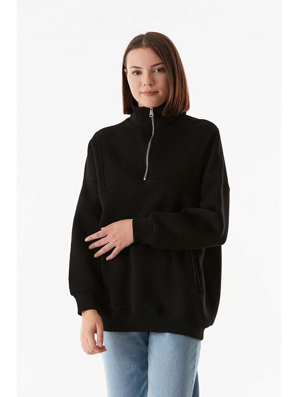 Fullamoda Siyah Basic Yarım Fermuarlı Cepli Sweatshirt - 3