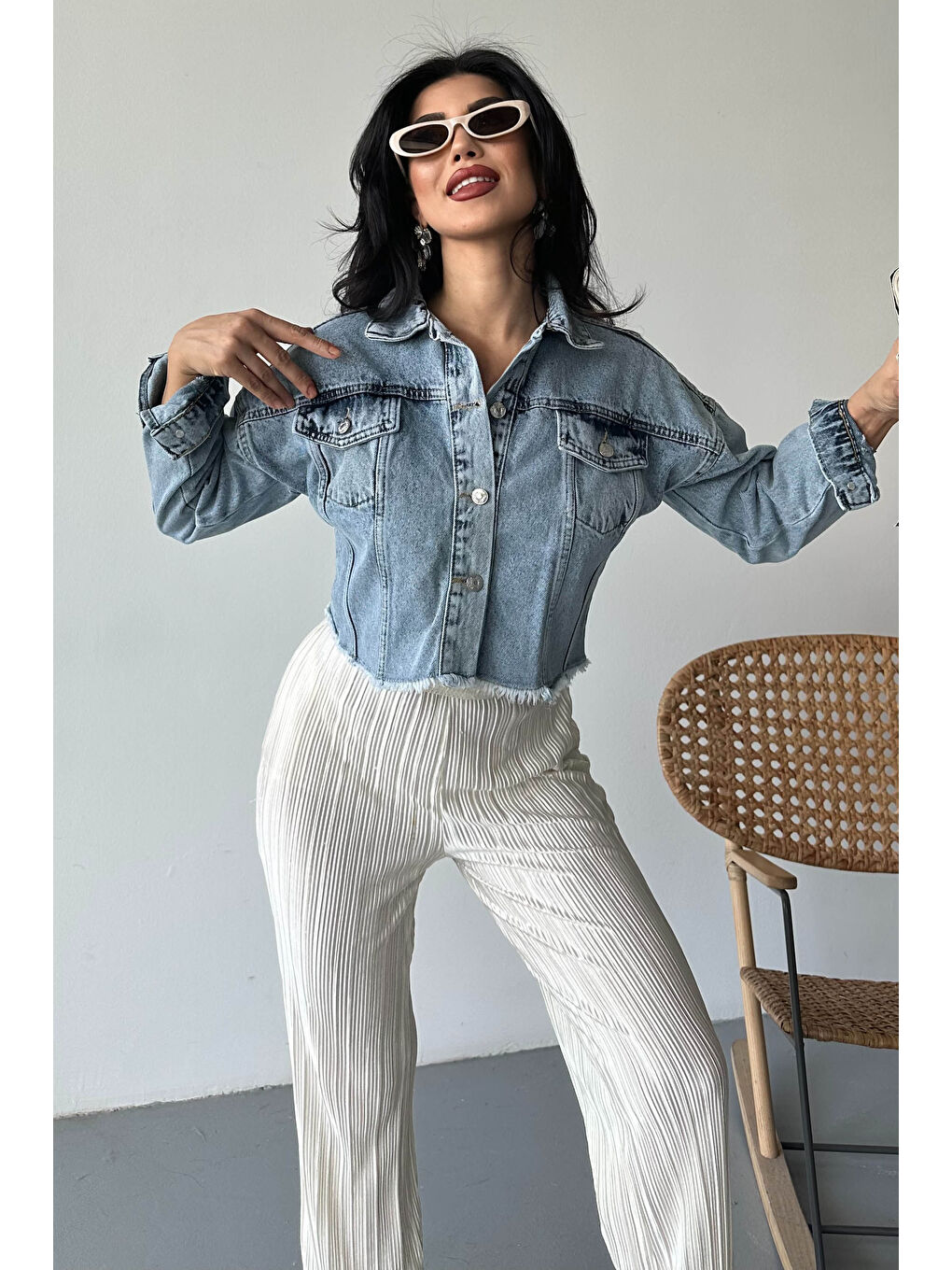 Çift Cepli Demin Crop Ceket Buz Mavi - 27299-1