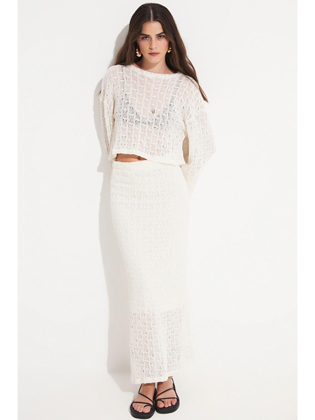 Ekru Kadın Pamuk Karışımlı Bluz Etek Takım