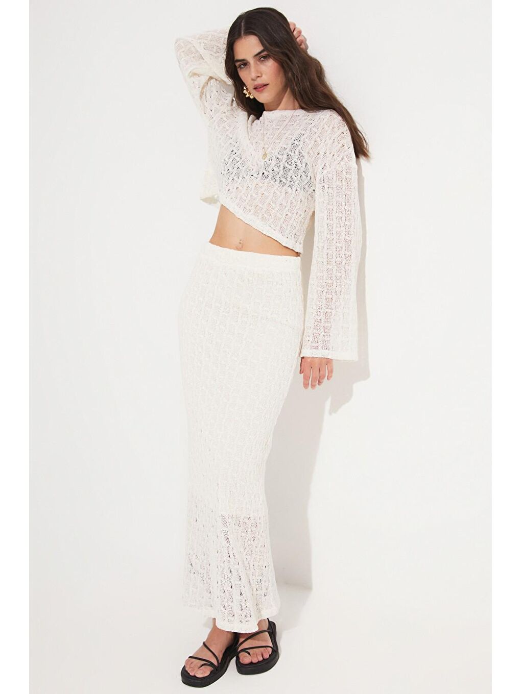 Ekru Kadın Pamuk Karışımlı Bluz Etek Takım-1