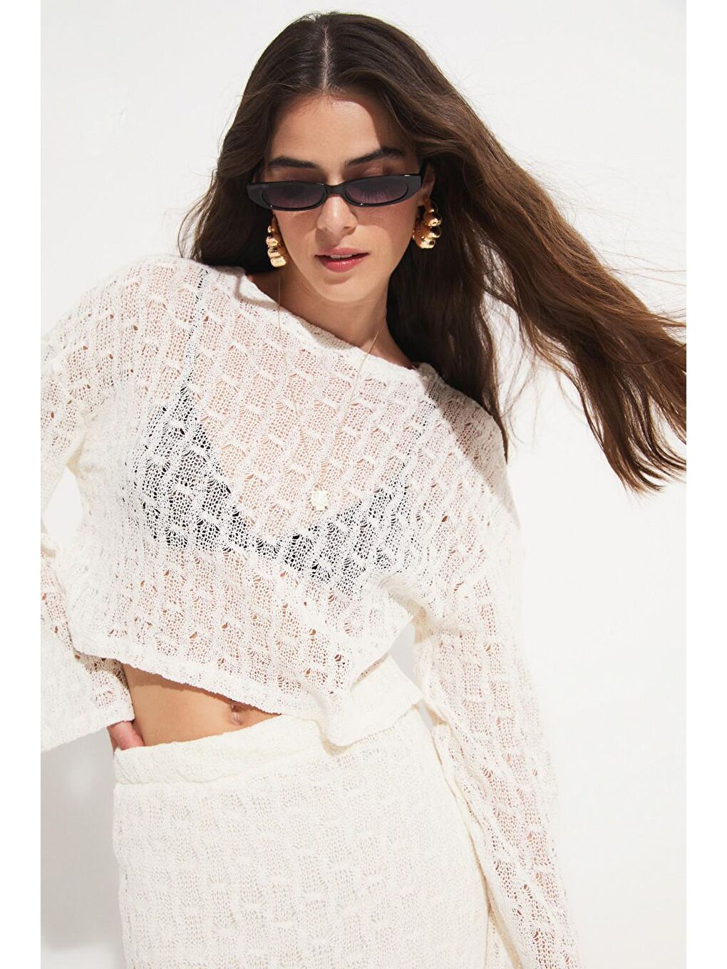 Ekru Kadın Pamuk Karışımlı Bluz Etek Takım-2