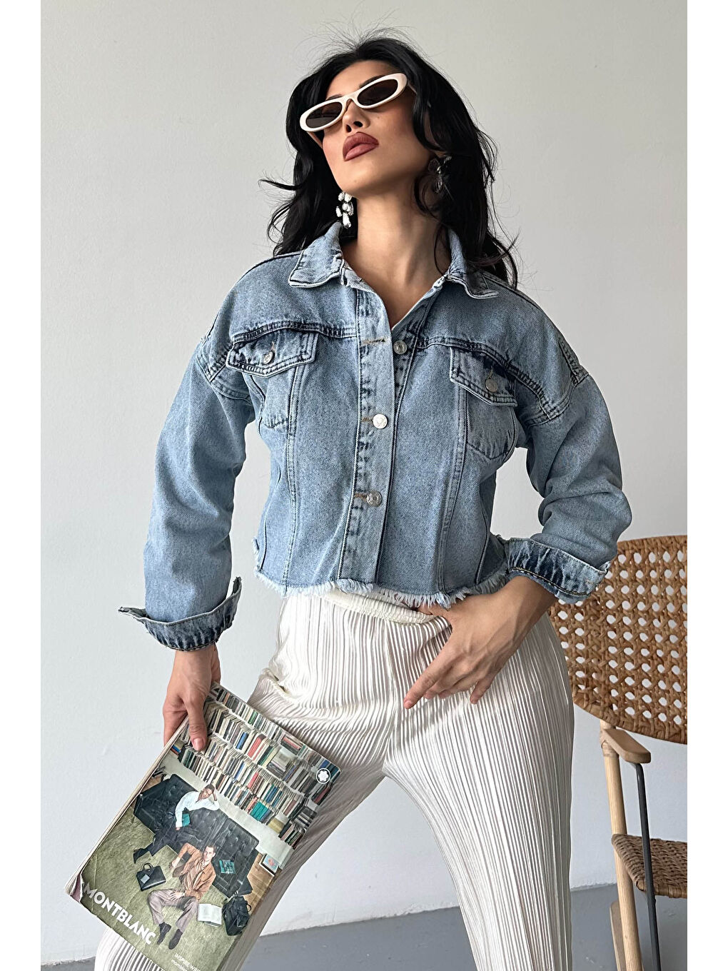 Çift Cepli Demin Crop Ceket Buz Mavi - 27299-2