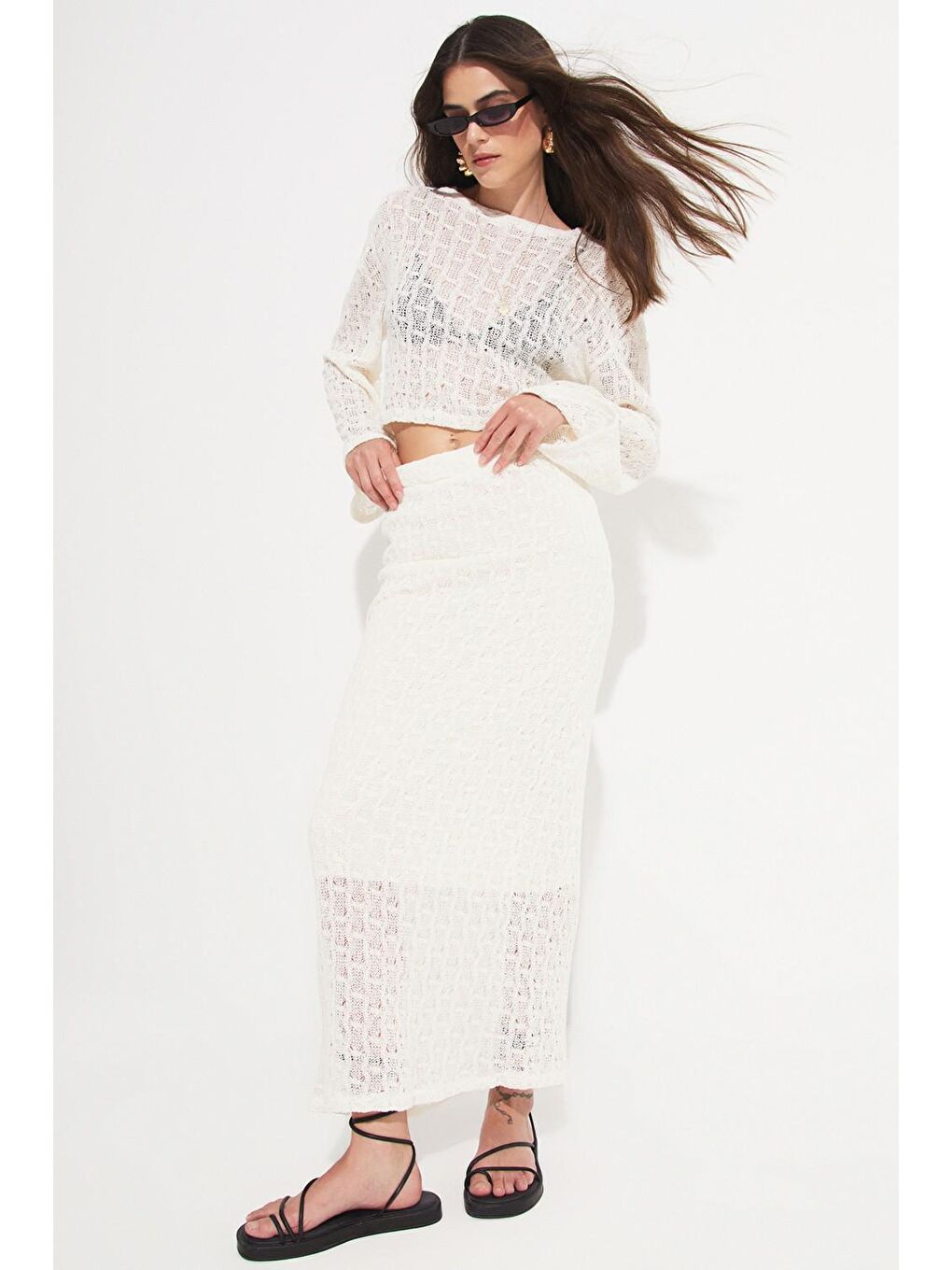 Ekru Kadın Pamuk Karışımlı Bluz Etek Takım-3