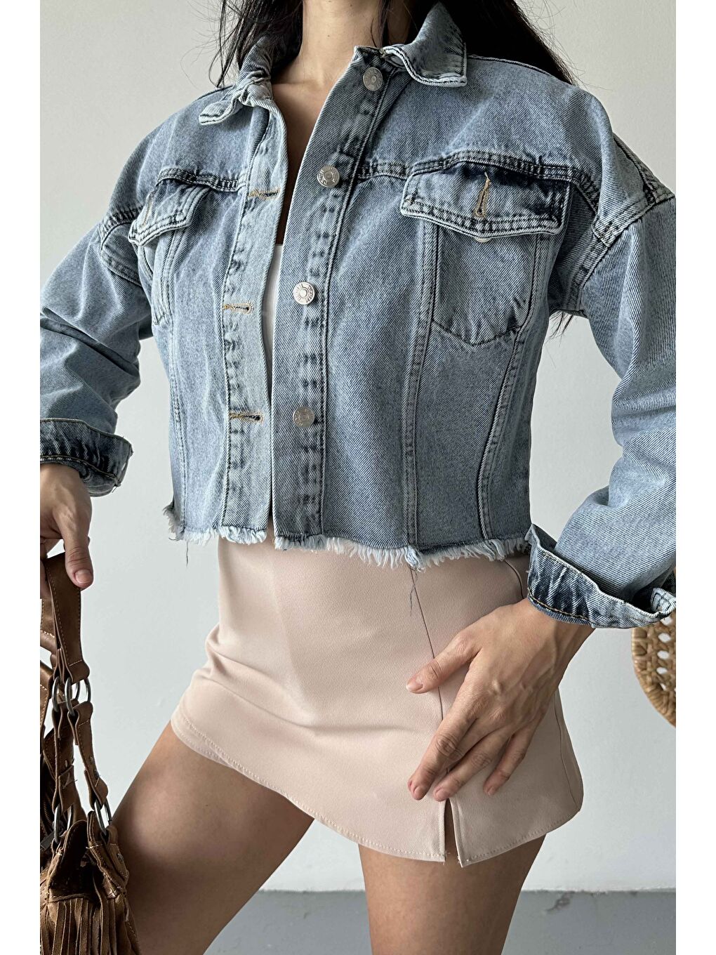 Çift Cepli Demin Crop Ceket Buz Mavi - 27299-3