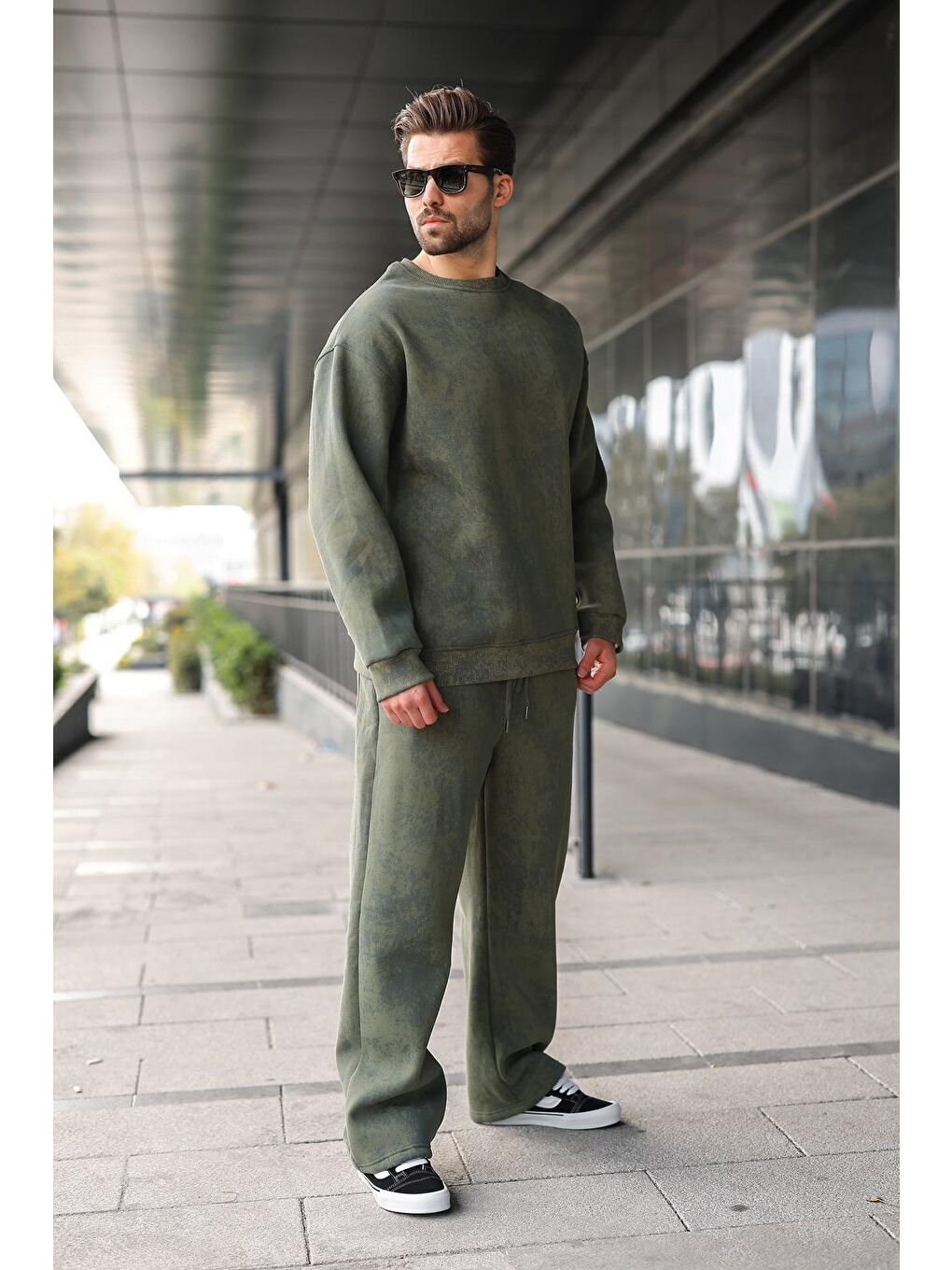 Haki Bisiklet Yaka Batik Desenli Erkek Sweatshirt Pantolon Takım E7344-2