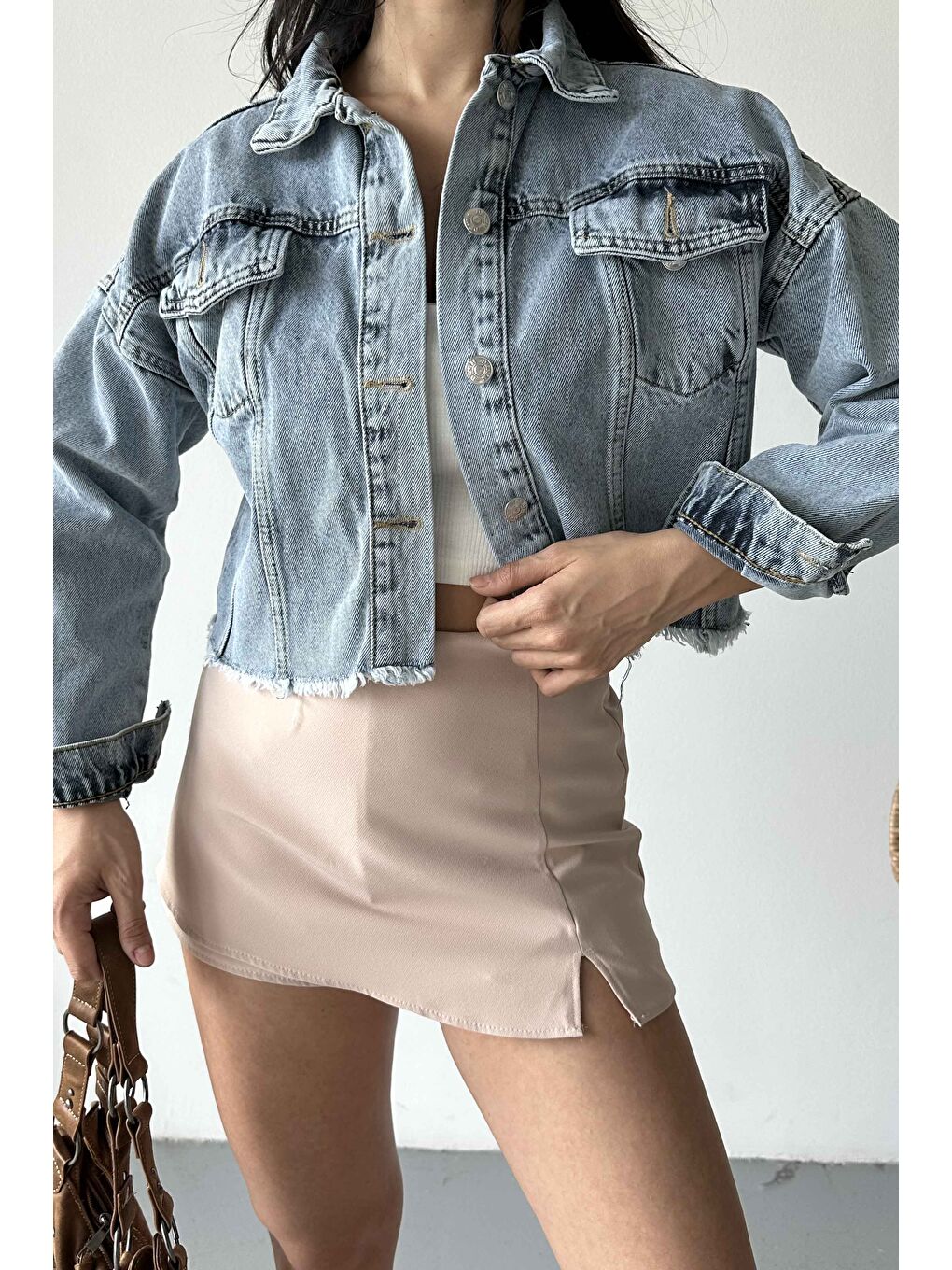 Çift Cepli Demin Crop Ceket Buz Mavi - 27299-4