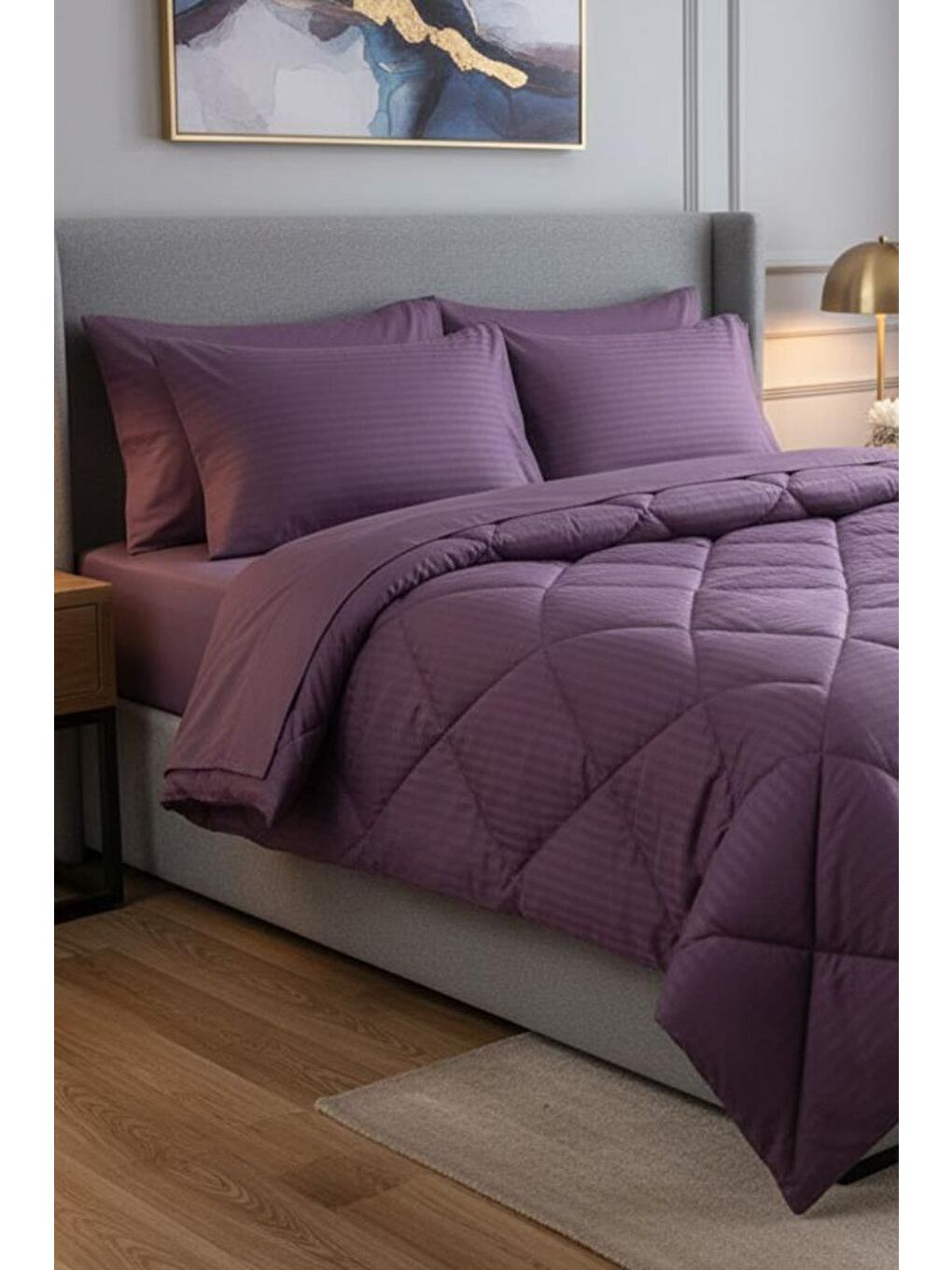 Satin Pollysaten Comforter Çift Kişilik Yorgan Seti Mürdüm