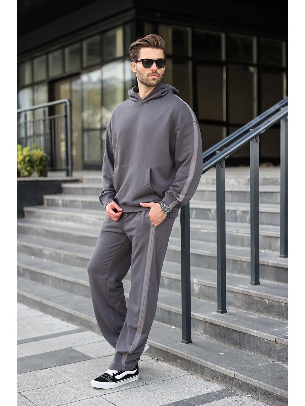 Gri Füme Kanguru Cep Kapüşonlu Erkek Eşofman Takımı E7336