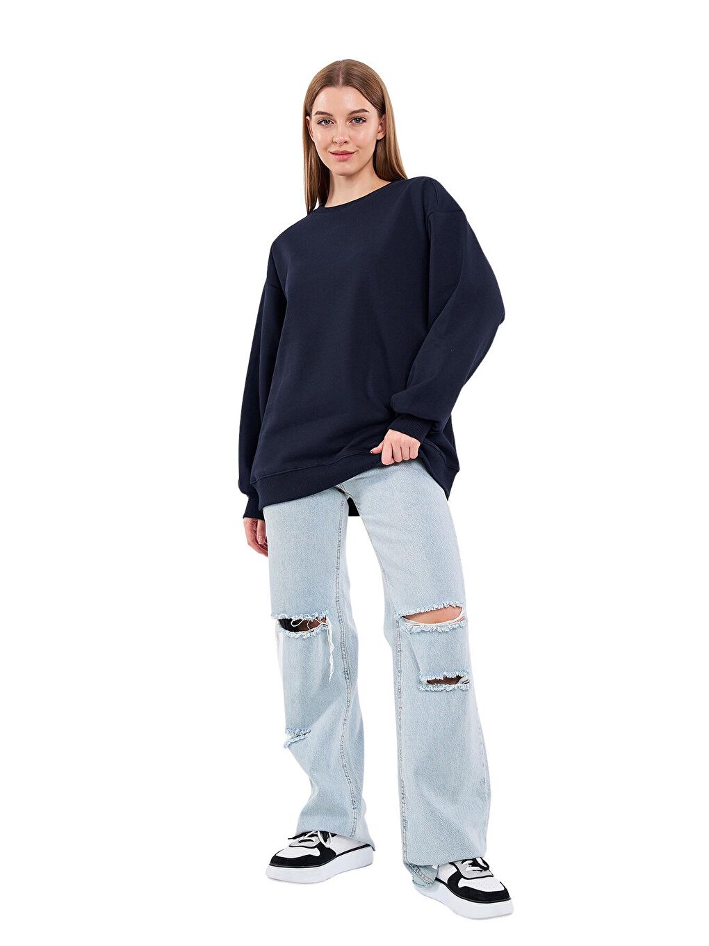 MMETALIC Lacivert Kadın Pamuklu Oversize Basic Bisiklet Yaka Sweatshirt