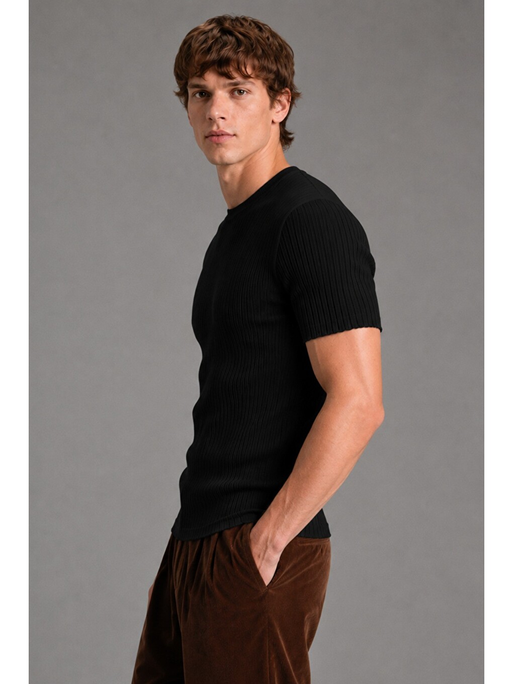 Siyah Erkek Fitilli Elastanlı Slim Fit Bisiklet Yaka Tişört-1