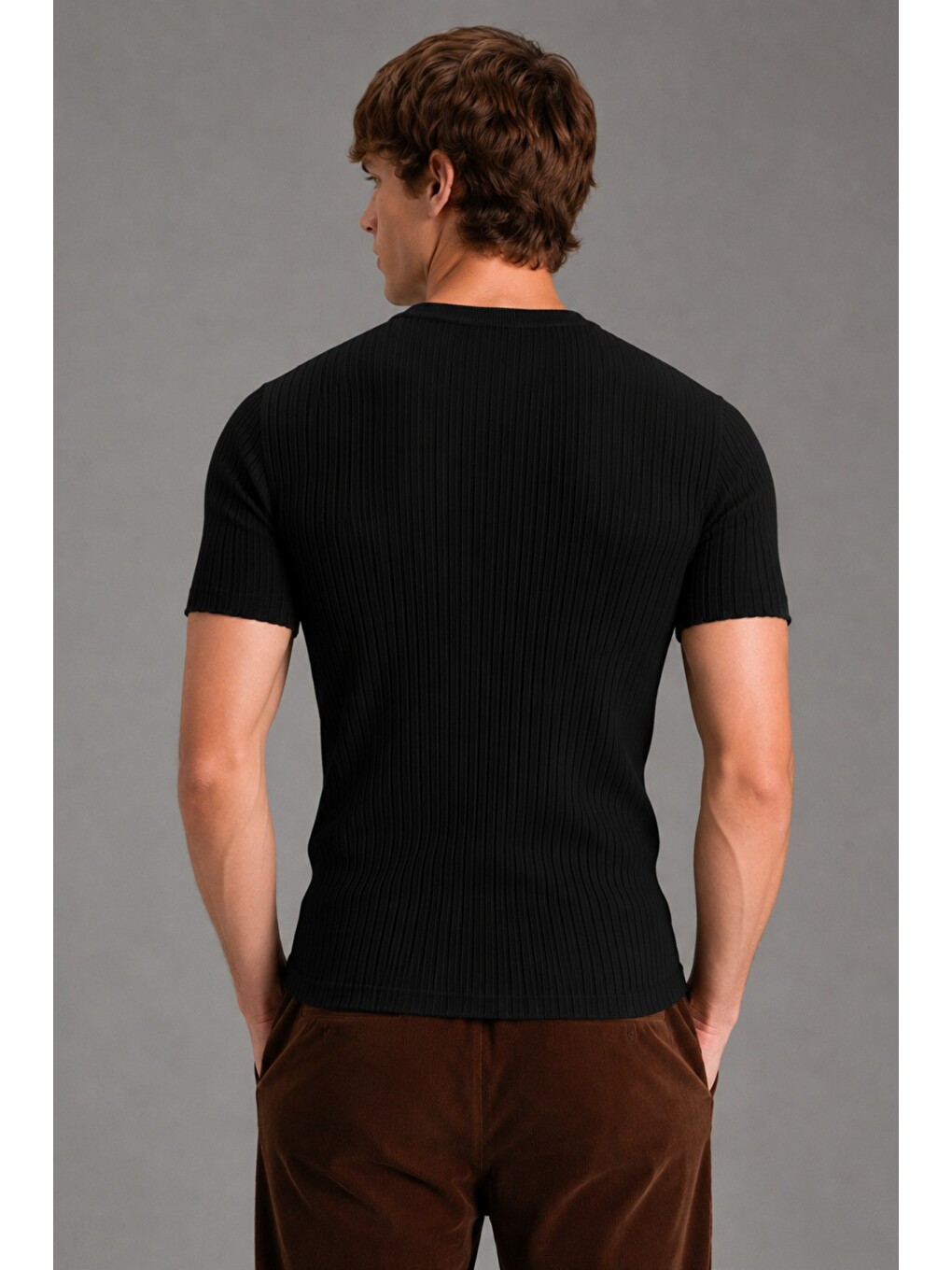 Siyah Erkek Fitilli Elastanlı Slim Fit Bisiklet Yaka Tişört-2
