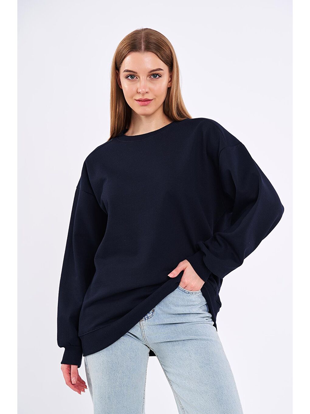 MMETALIC Lacivert Kadın Pamuklu Oversize Basic Bisiklet Yaka Sweatshirt - 1