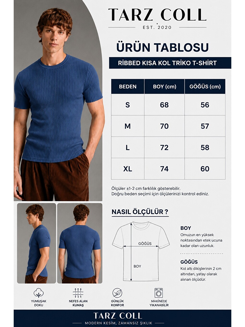 Siyah Erkek Fitilli Elastanlı Slim Fit Bisiklet Yaka Tişört-3
