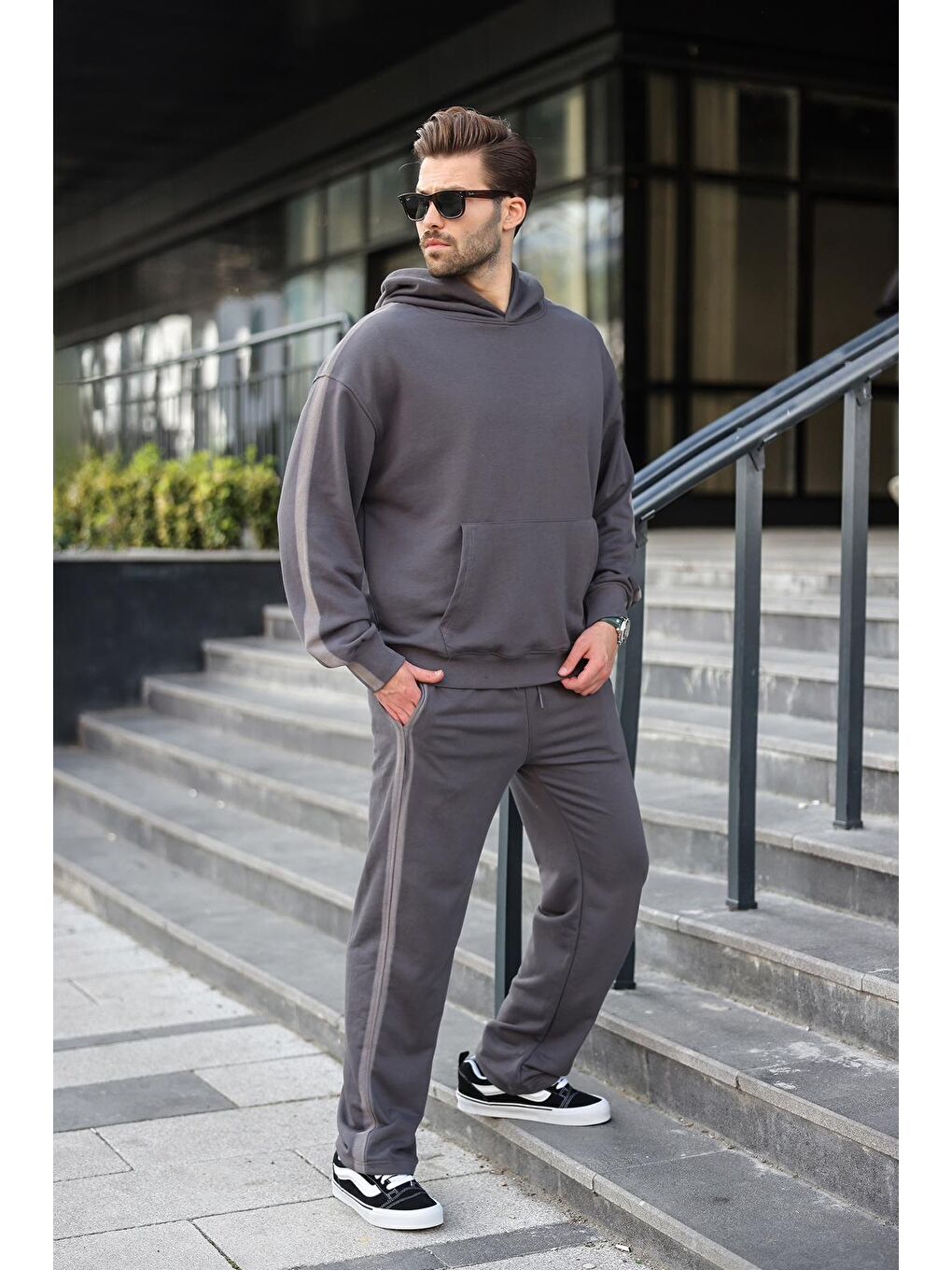 Gri Füme Kanguru Cep Kapüşonlu Erkek Eşofman Takımı E7336-1