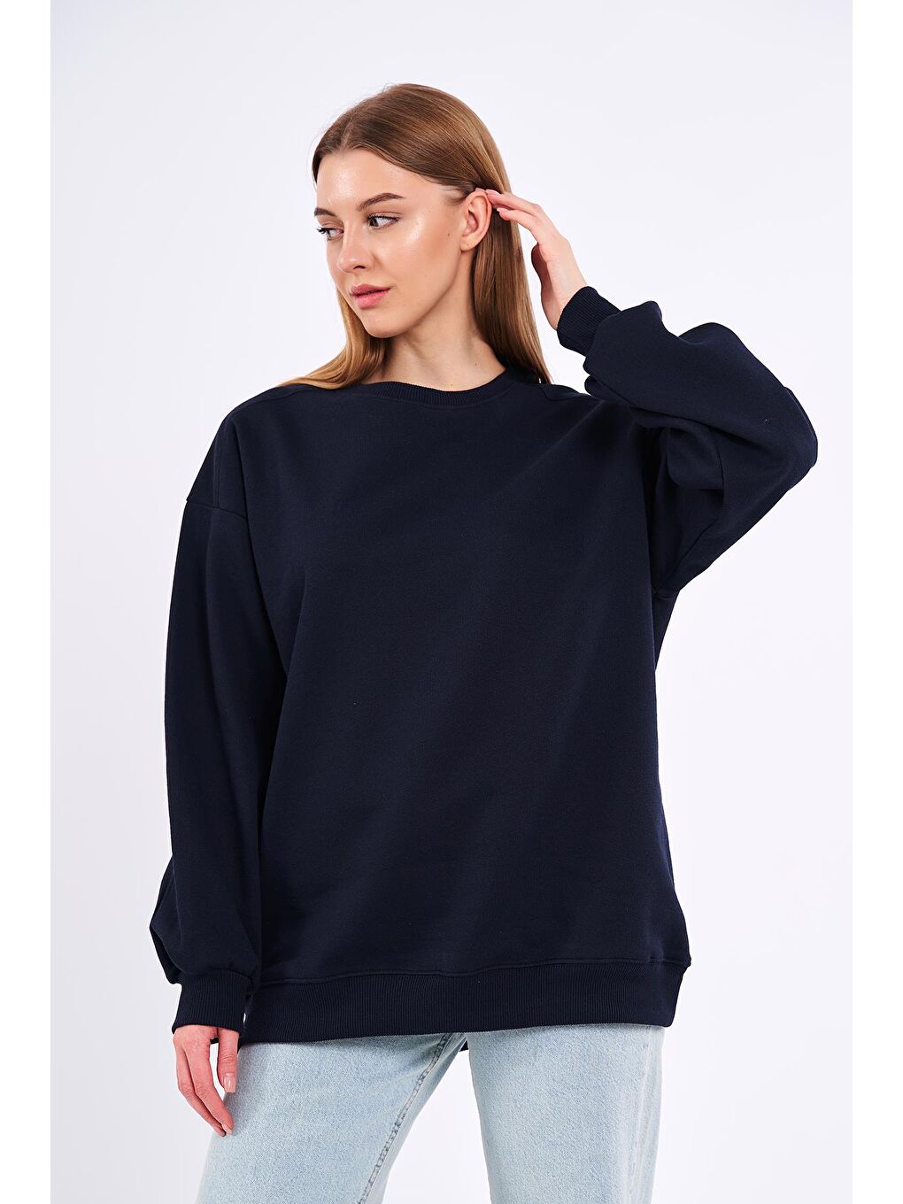 MMETALIC Lacivert Kadın Pamuklu Oversize Basic Bisiklet Yaka Sweatshirt - 2