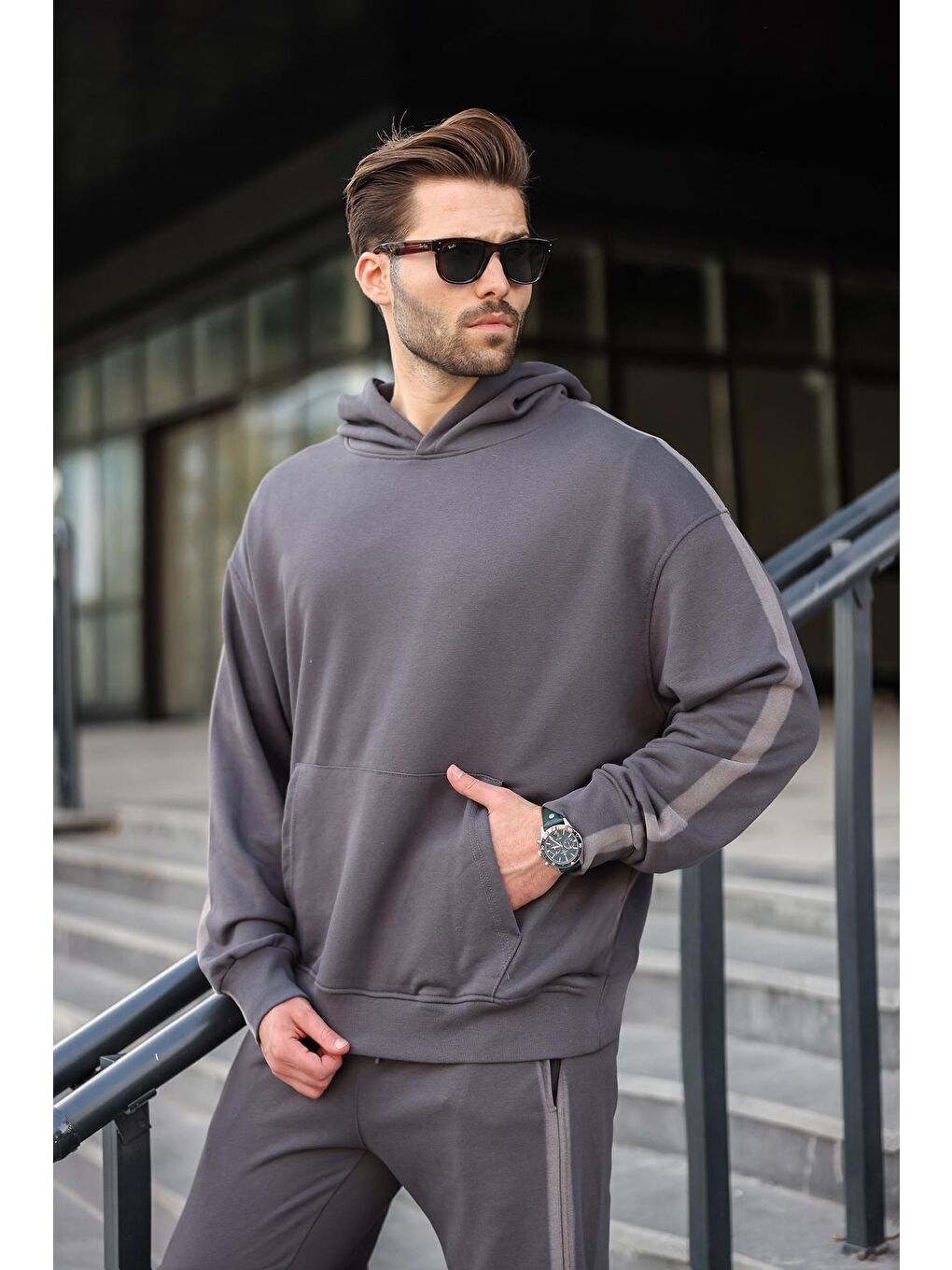 Gri Füme Kanguru Cep Kapüşonlu Erkek Eşofman Takımı E7336-2