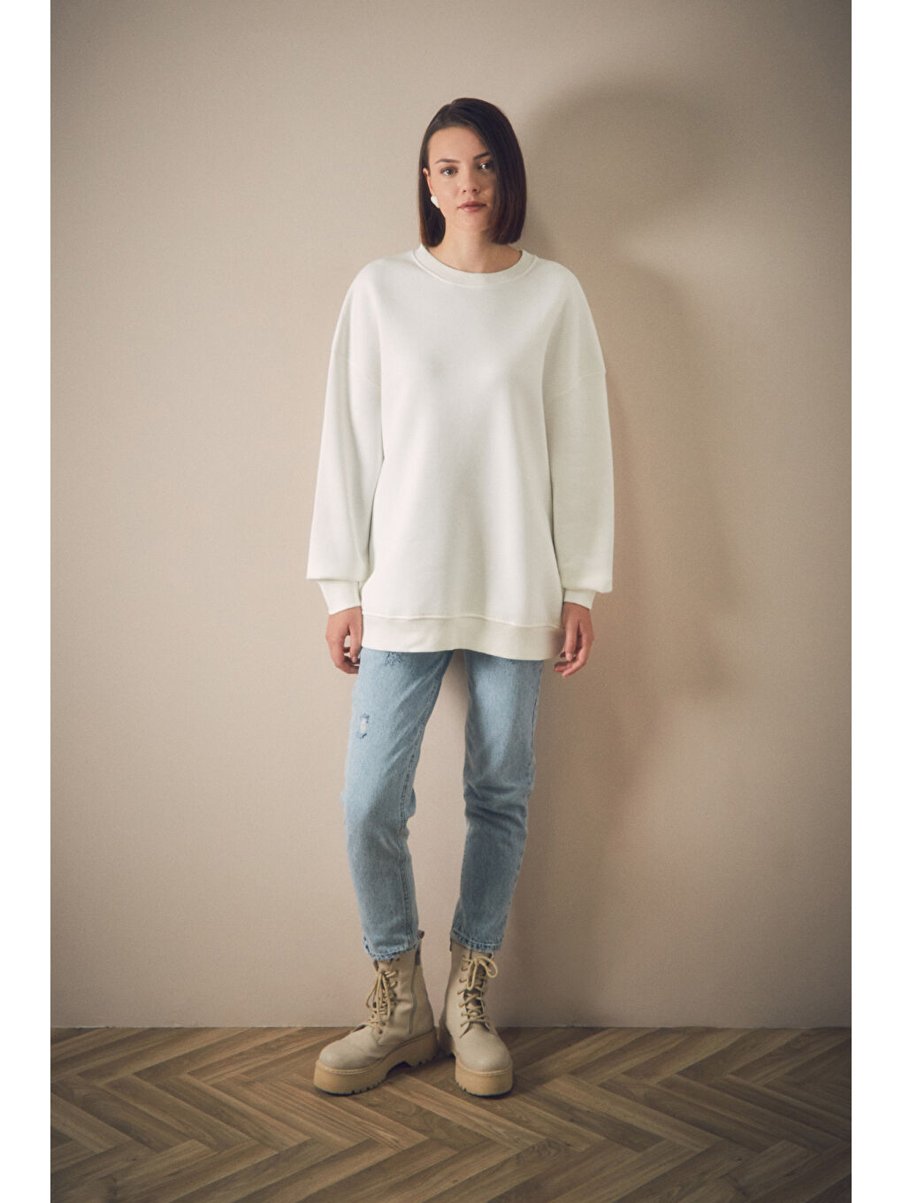 Fullamoda Ekru Basic Bisiklet Yaka Sweatshirt - 1