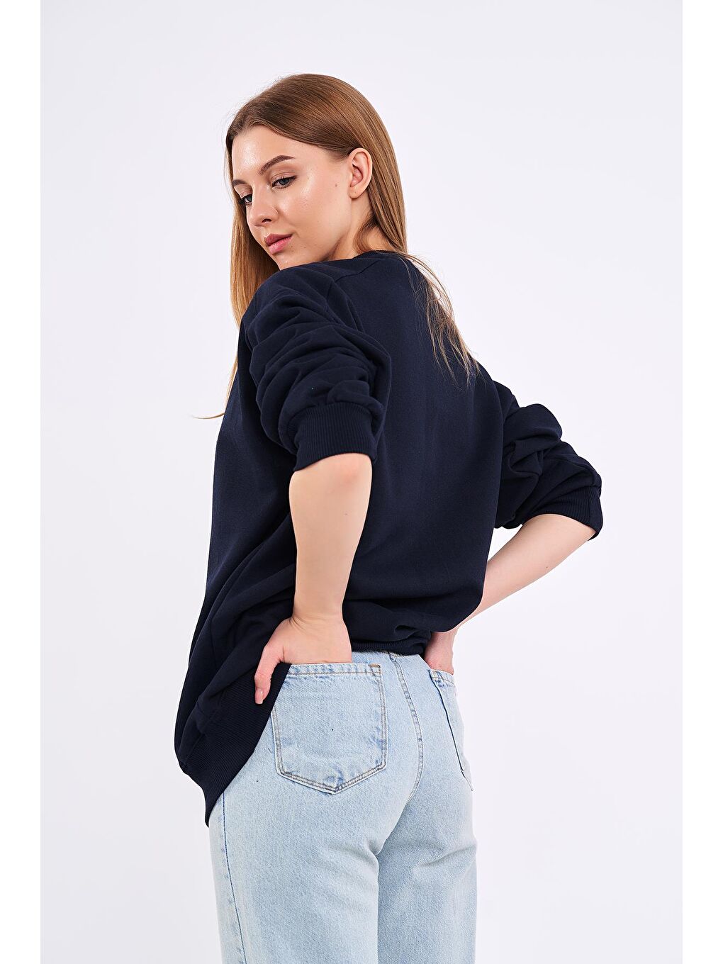 MMETALIC Lacivert Kadın Pamuklu Oversize Basic Bisiklet Yaka Sweatshirt - 3