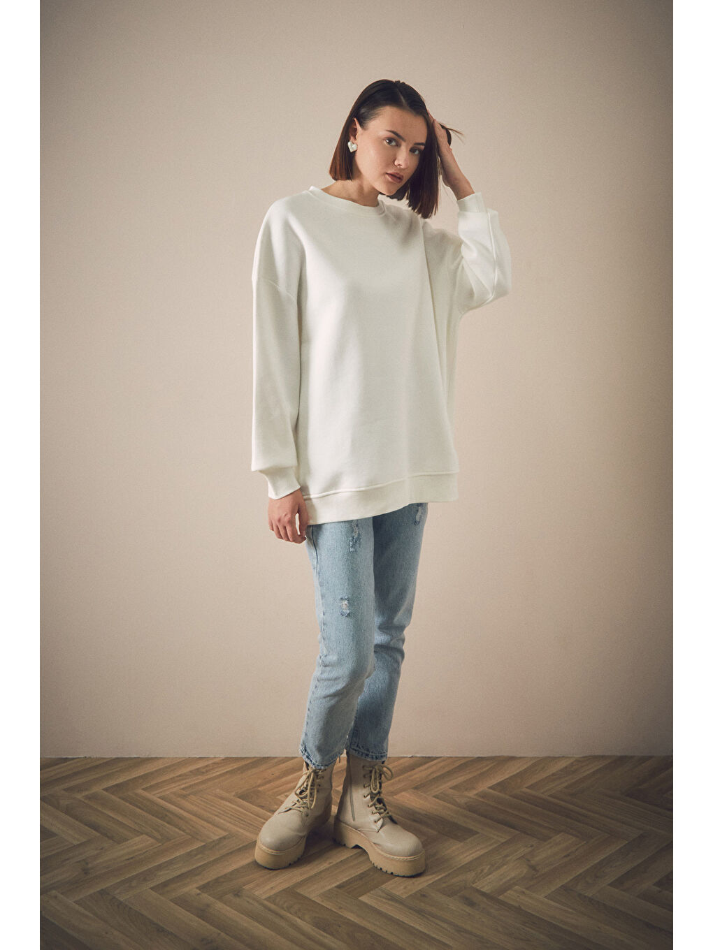 Fullamoda Ekru Basic Bisiklet Yaka Sweatshirt - 2