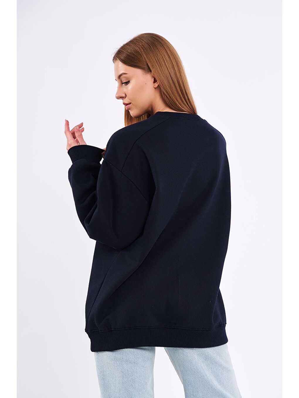 MMETALIC Lacivert Kadın Pamuklu Oversize Basic Bisiklet Yaka Sweatshirt - 4