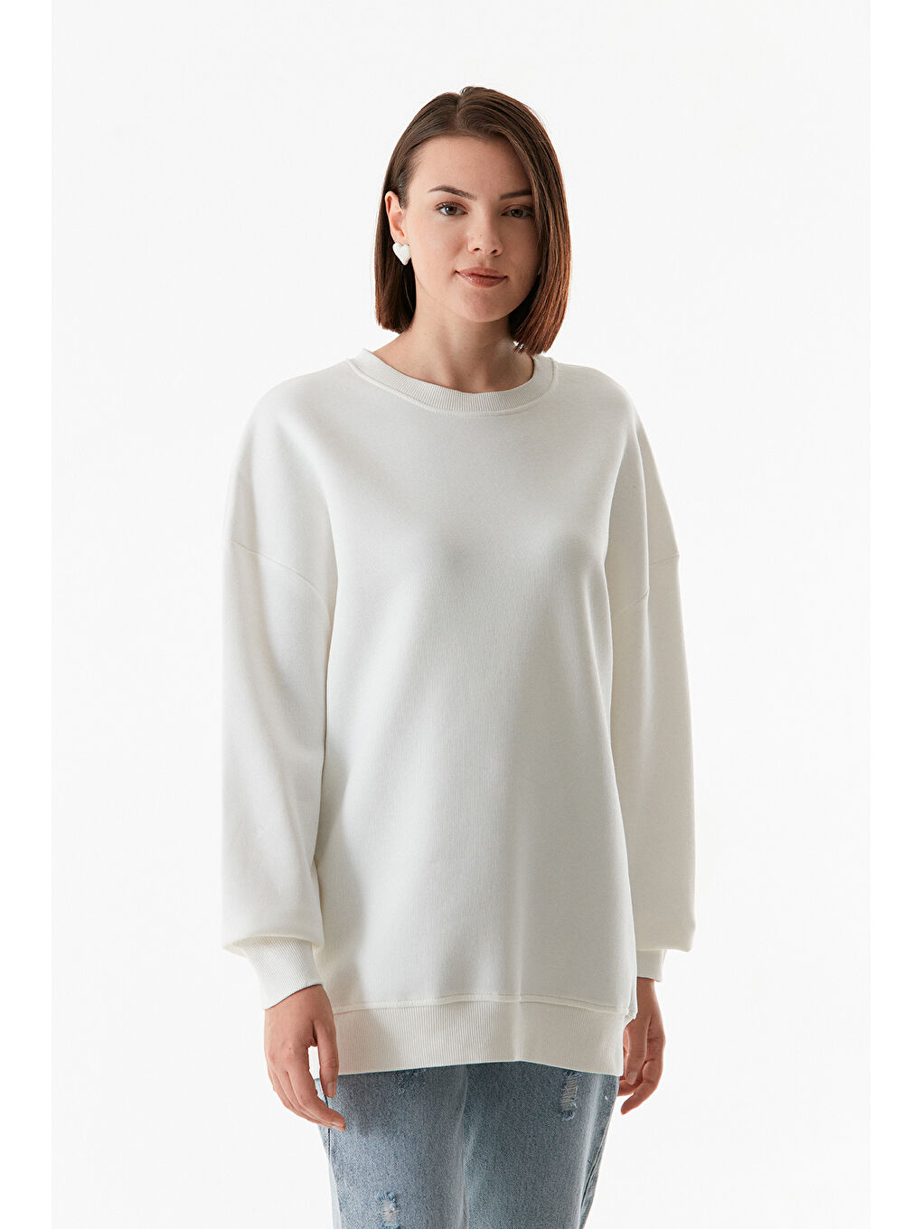 Fullamoda Ekru Basic Bisiklet Yaka Sweatshirt - 4