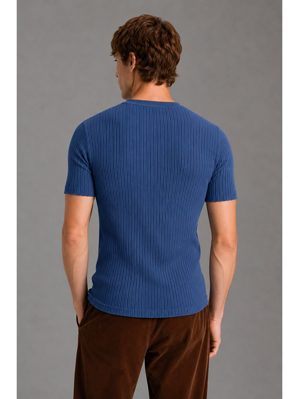 Mavi Erkek Fitilli Elastanlı Slim Fit Bisiklet Yaka Tişört-2