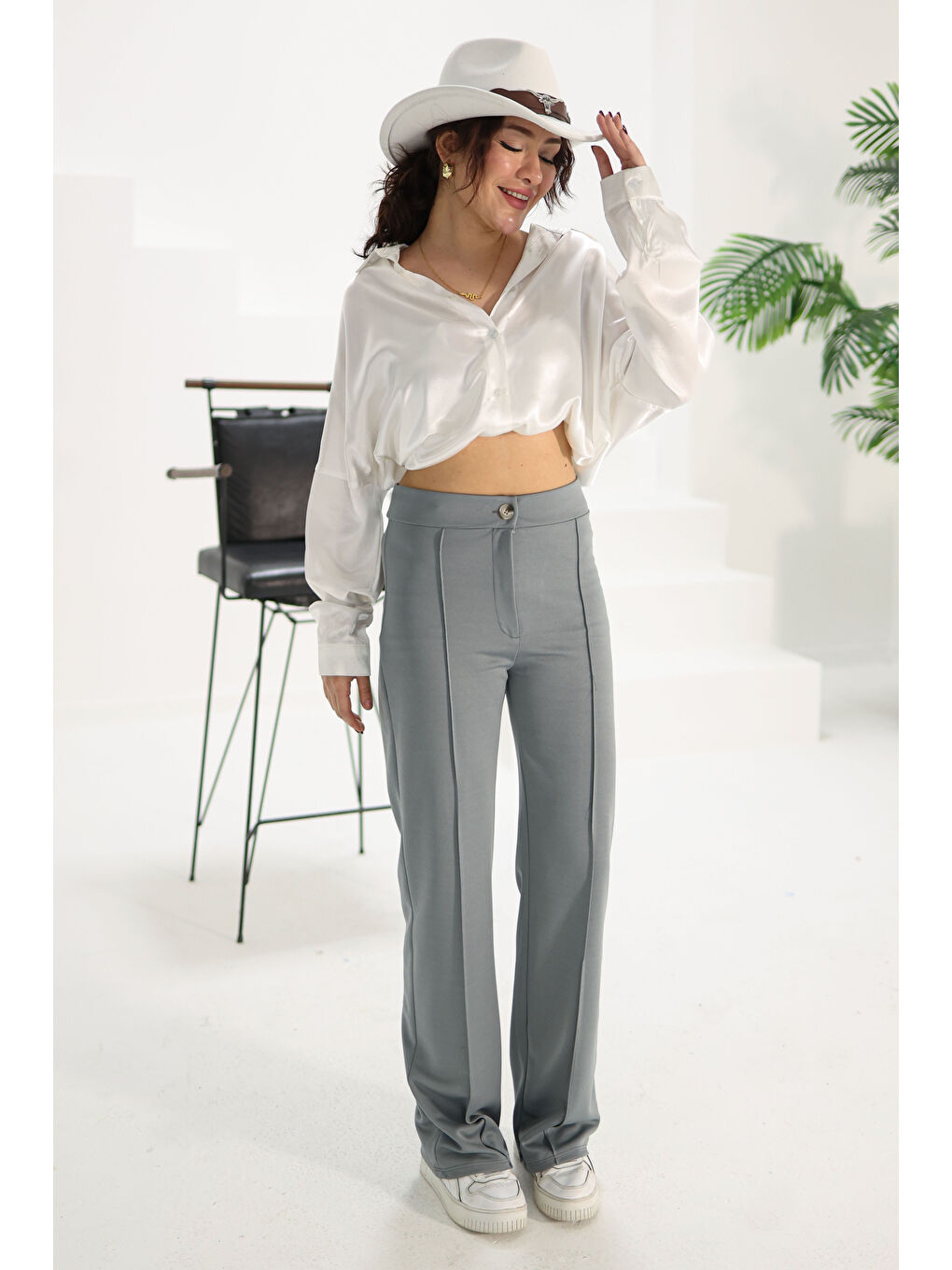 Şerit Detaylı Spor Pantolon Gri - 27084