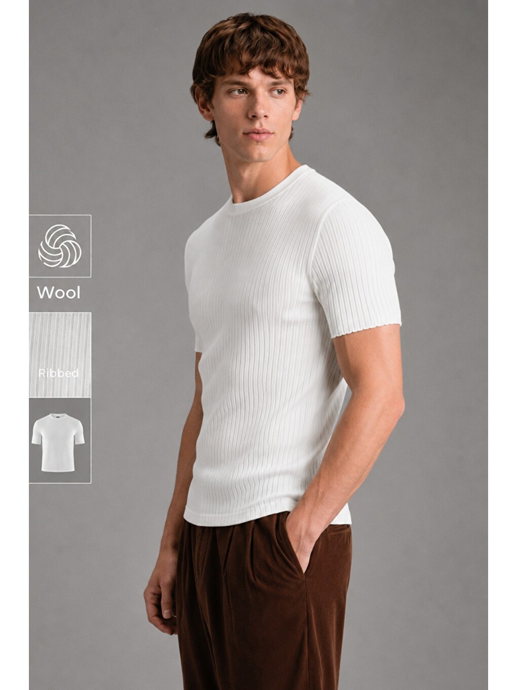 Beyaz Erkek Fitilli Elastanlı Slim Fit Bisiklet Yaka Tişört-1