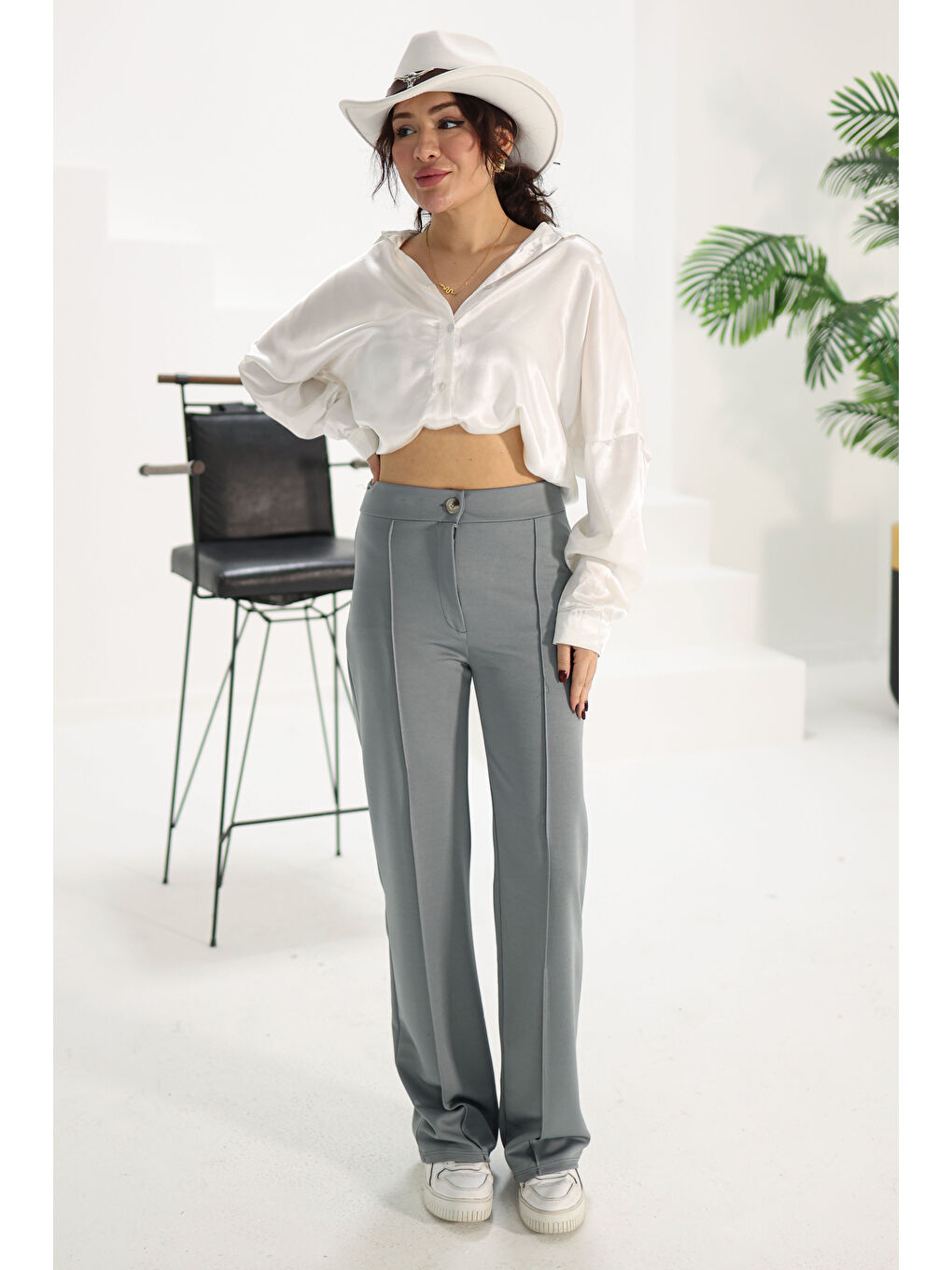 Şerit Detaylı Spor Pantolon Gri - 27084-1