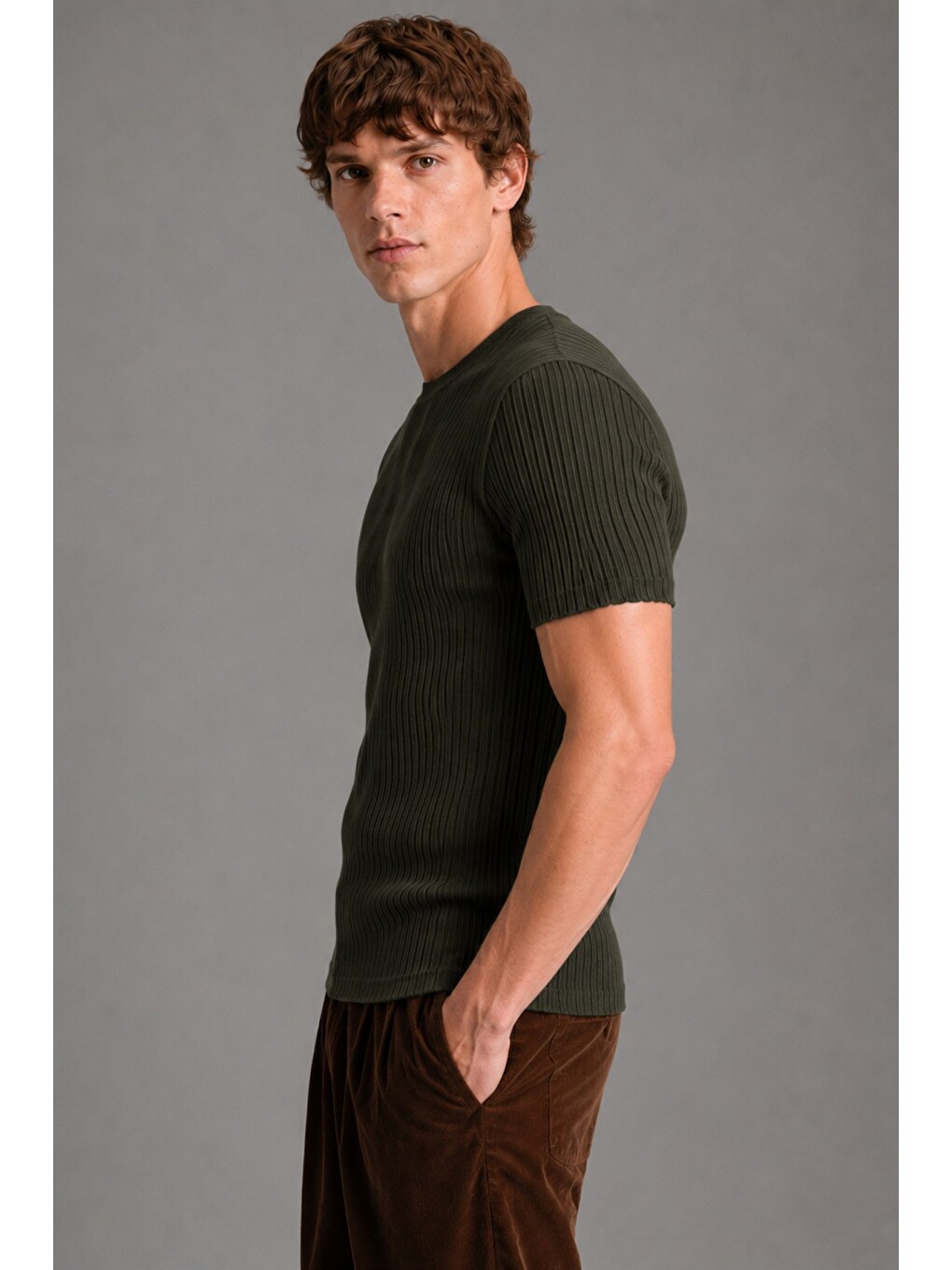 Haki Erkek Fitilli Elastanlı Slim Fit Bisiklet Yaka Tişört-1