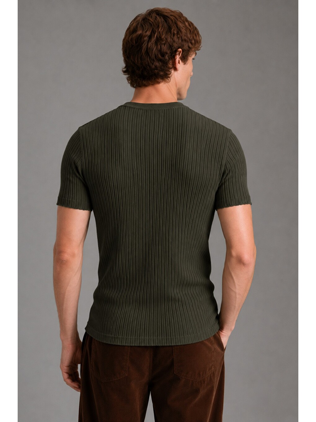 Haki Erkek Fitilli Elastanlı Slim Fit Bisiklet Yaka Tişört-2