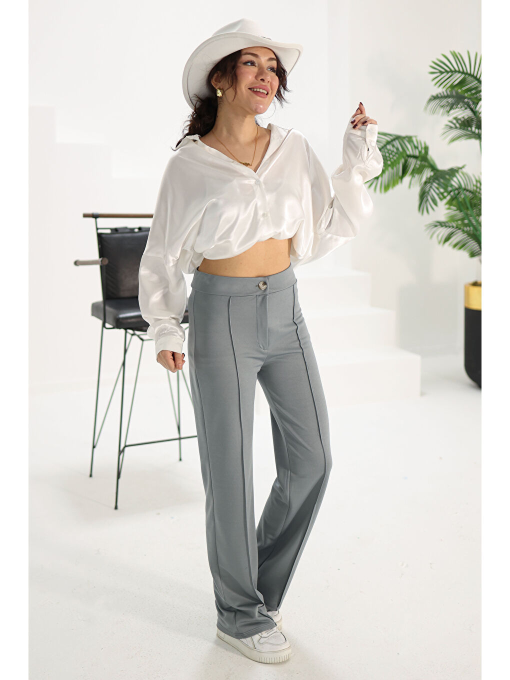 Şerit Detaylı Spor Pantolon Gri - 27084-2