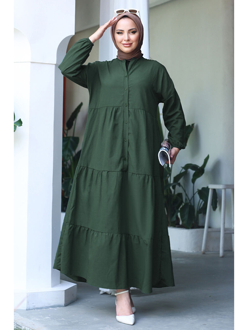 Büzgülü Pat Detaylı Elbise Haki - 27293