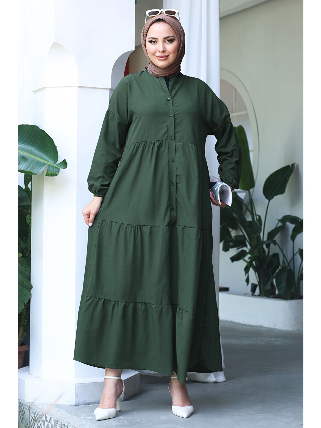 Büzgülü Pat Detaylı Elbise Haki - 27293-2