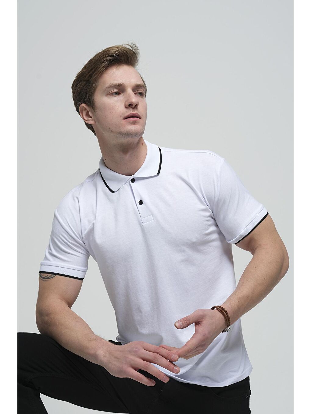 Beyaz Colton Yakası Biyeli Likralı Slim Fit Erkek Polo Yaka Tişört-2