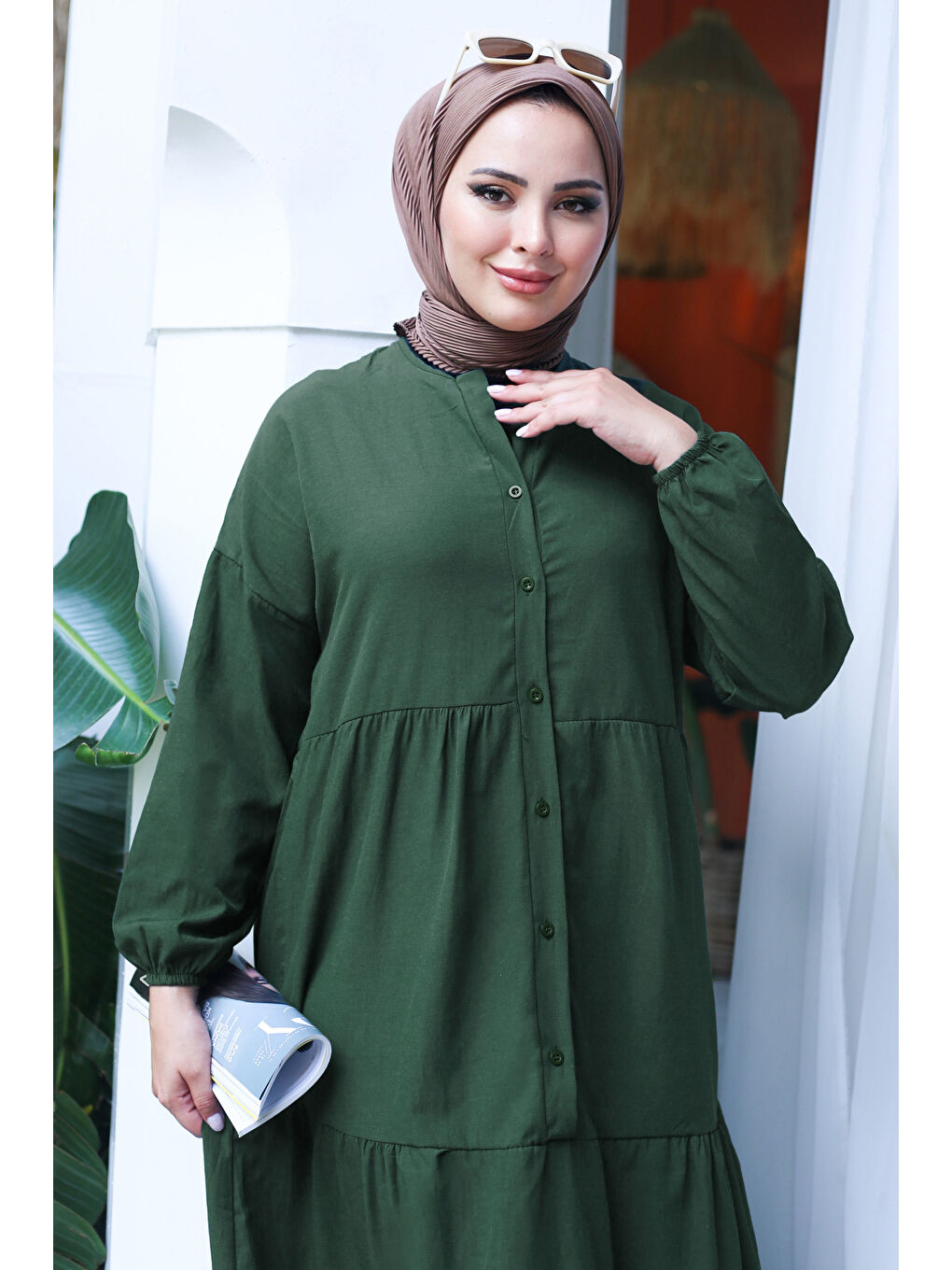 Büzgülü Pat Detaylı Elbise Haki - 27293-3