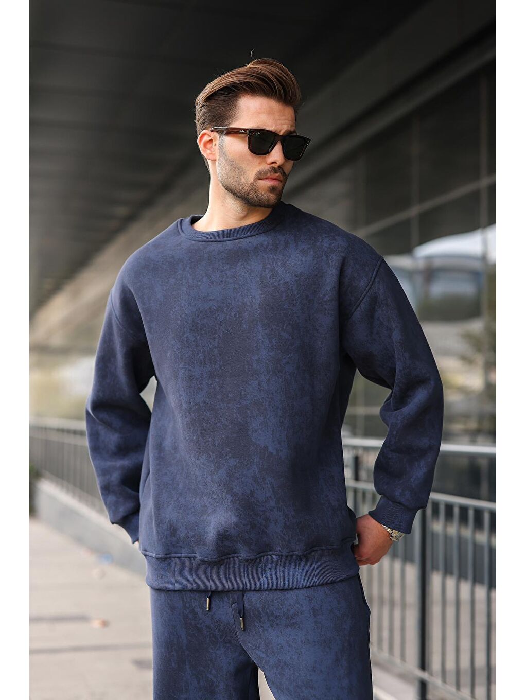 Lacivert Bisiklet Yaka Batik Desenli Erkek Sweatshirt Pantolon Takım E7344-2